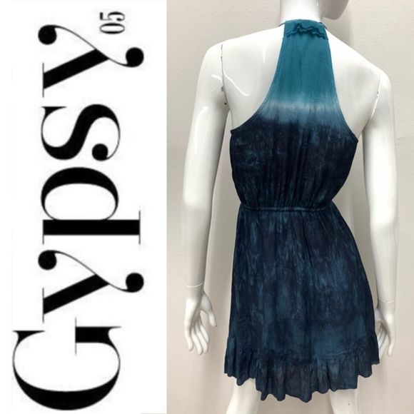 New Revolve Gypsy 05 Sexy Boho chic Blue Tie Dye ombré Halter Mini Party Dress - Picture 12 of 12